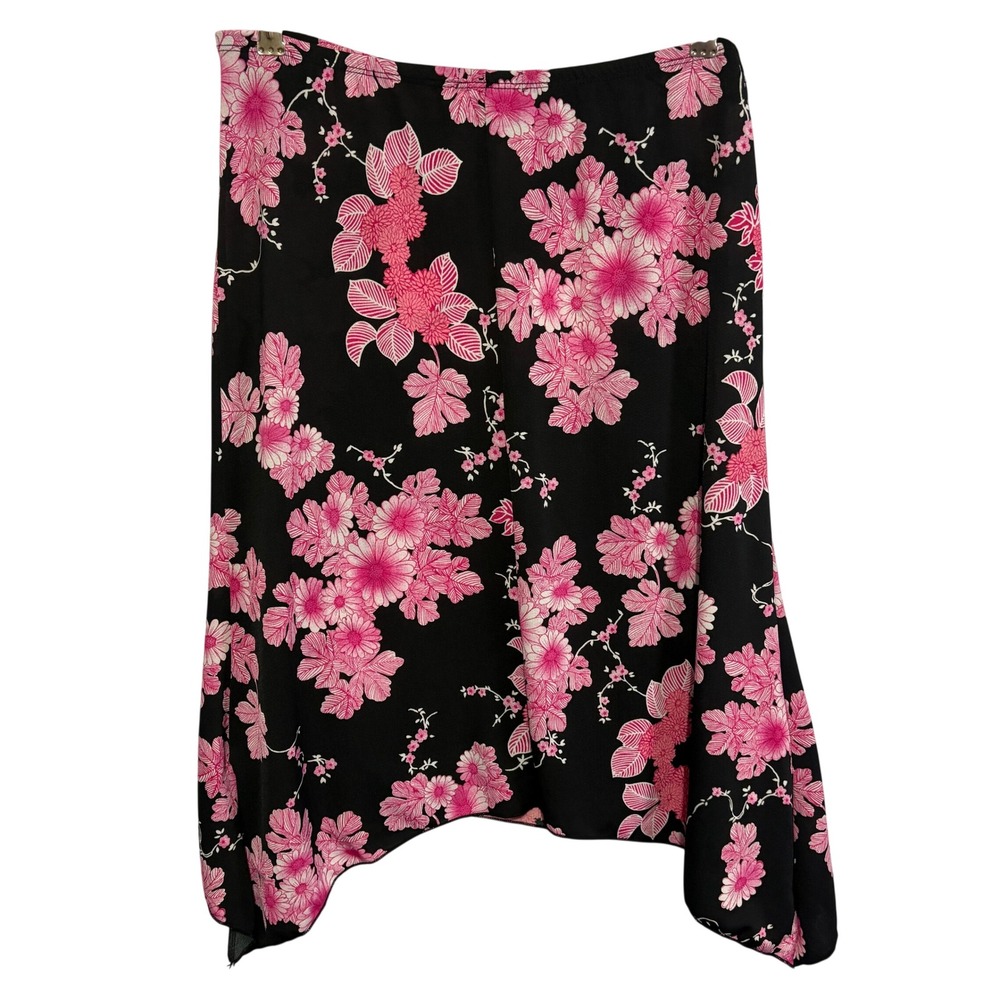Vtg Trixxi Pink Floral Handkerchief Hem Midi Skirt Black Y2K Sz M Asian Inspired